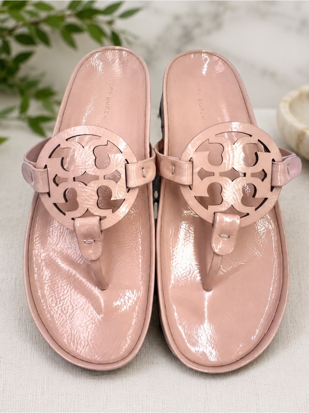 Tory Burch Miller Cloud Lug Sole Blush Nude Pink Patent Leather Sandals size 7.5 - Picture 4 of 12